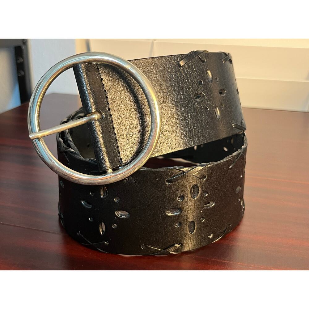 Y2K Wide Leather Belt Large Black Cut Out Lace Up Details Whimsygoth Witchy